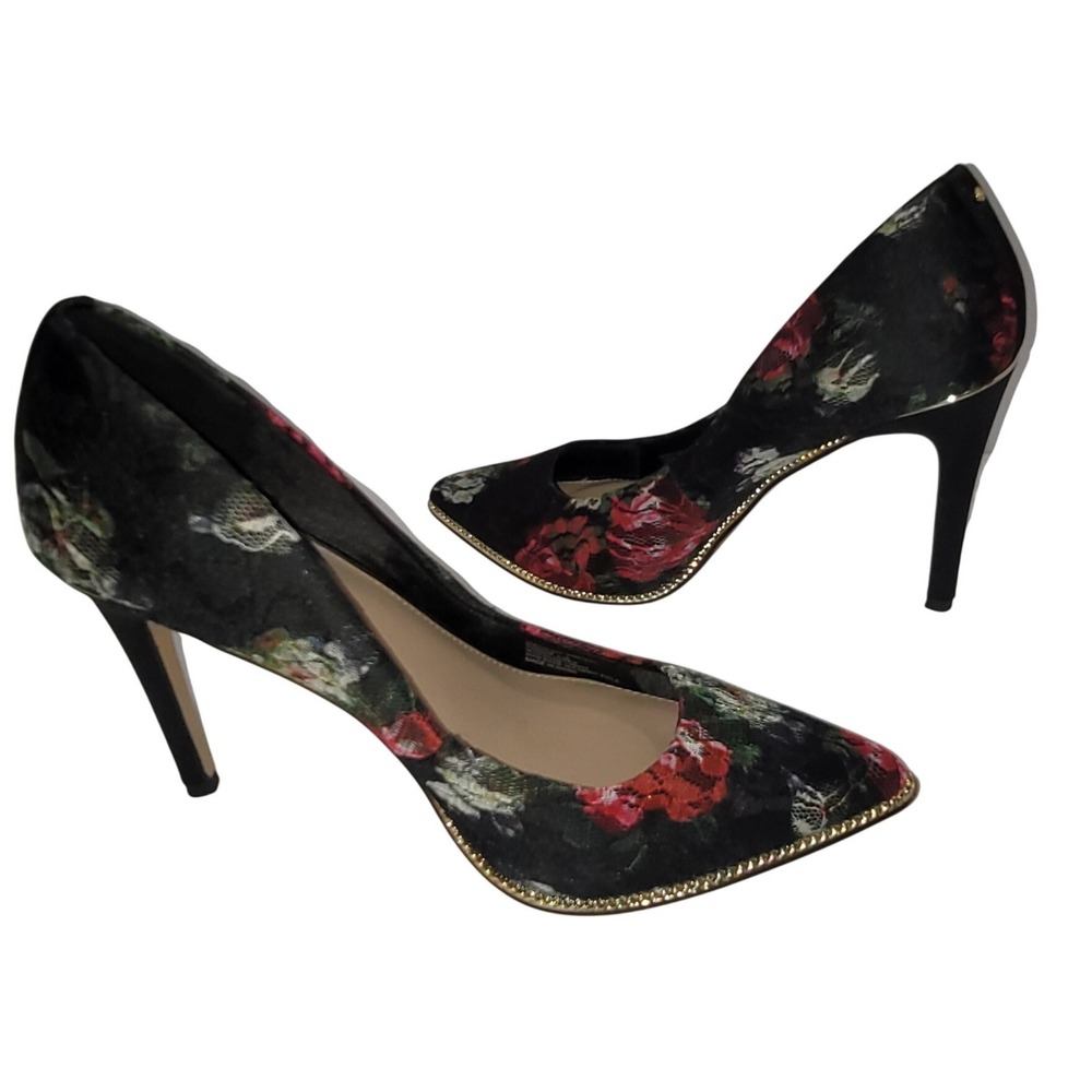 BCB Generation Chain Pointy Floral Lace Black Red Gold Chain Pumps 10 Boho Y2K - Picture 2 of 10